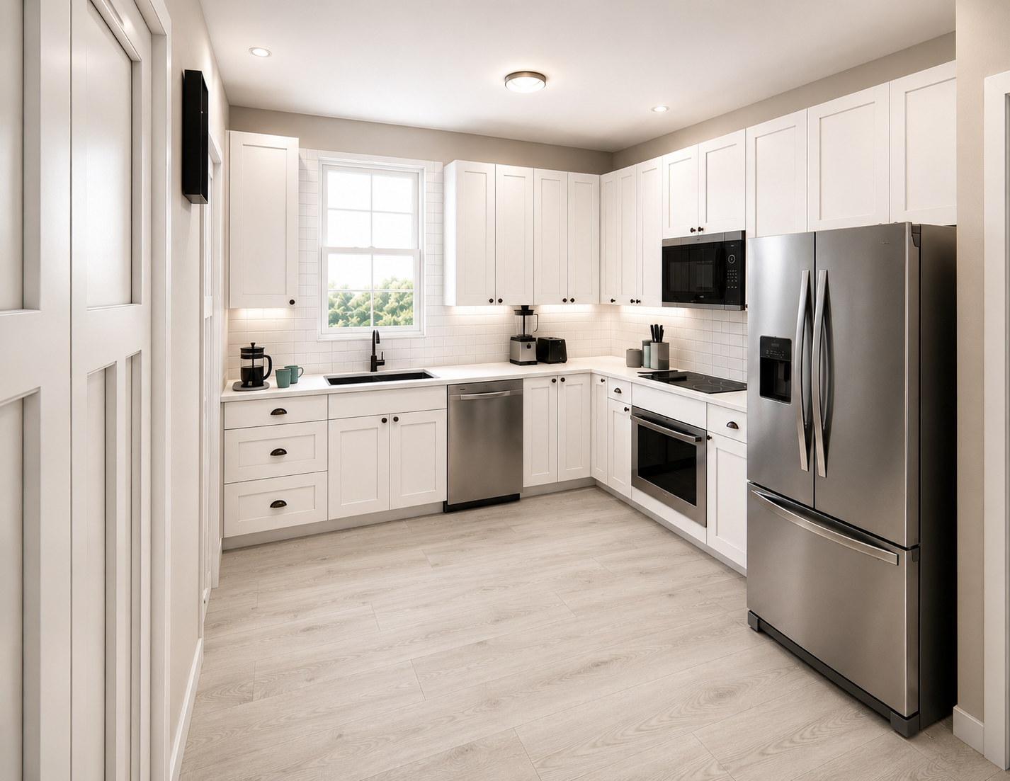 Render of a bright, modern cottage kitchen and dining area.